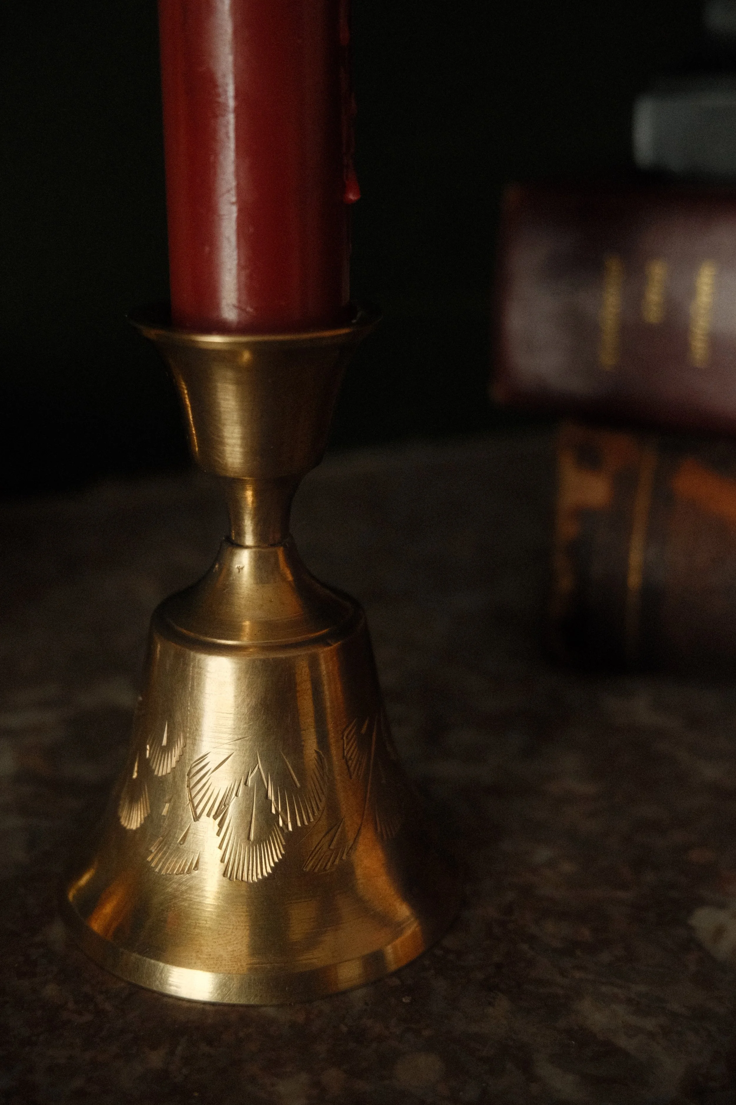 Vintage Engraved Brass Bell Candlestick
