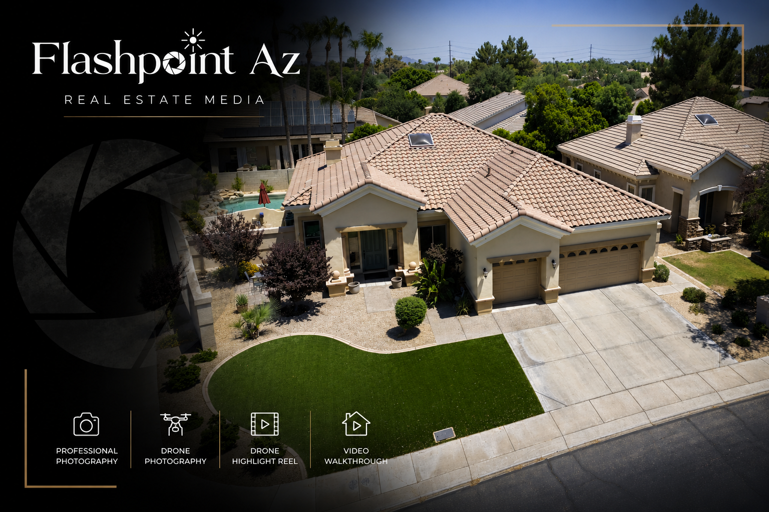 Aerial view of a suburban house with a tiled roof, driveway, front yard with grass and plants, and neighboring houses, with overlay text and icons for real estate media services.
