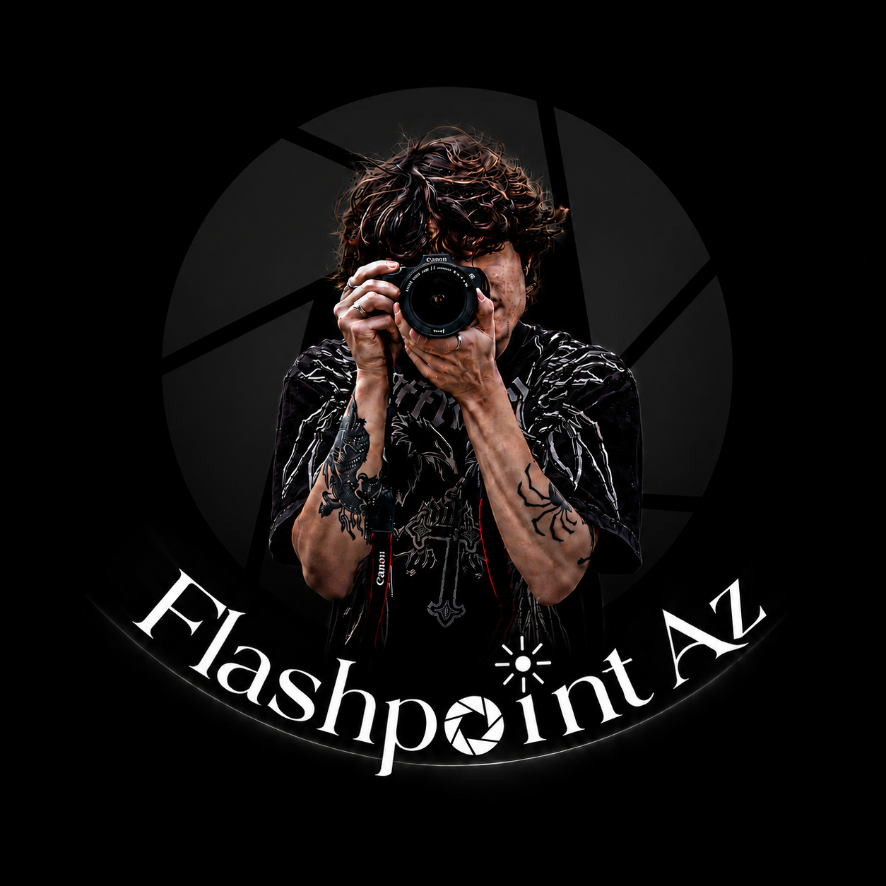 Person taking a photograph with a camera, tattoos visible on arms, dark background with a graphic design and the text 'Flashpoint AZ'.