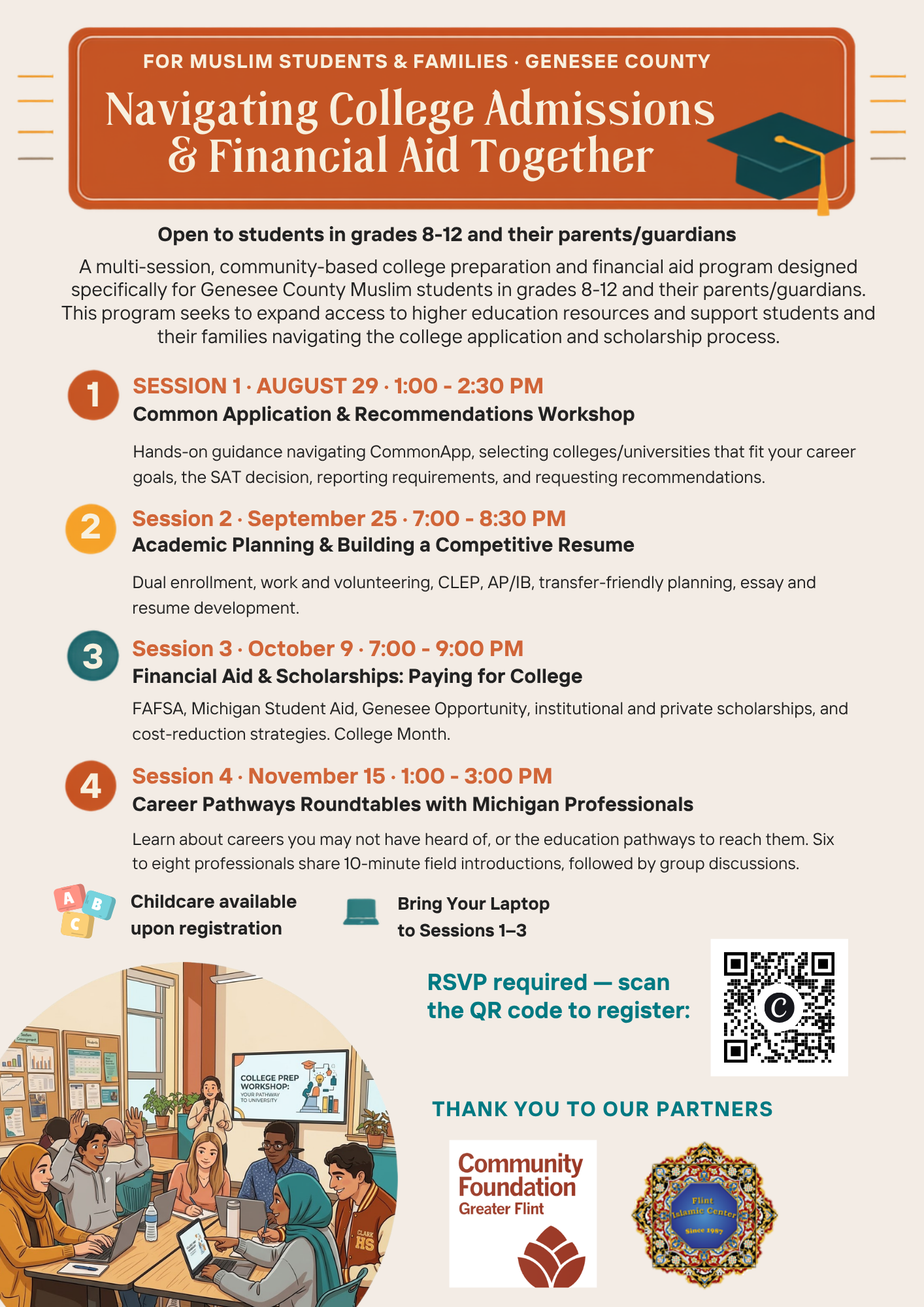 Flyer for Navigating College Admissions & Financial Aid Together, a four-session college prep program for Genesee County Muslim students in grades 8-12 and their families, August through November 2026. Full session details and RSVP form on this page.