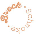 Circular text logo with the words "Brock.Schnoke" in orange on a black background