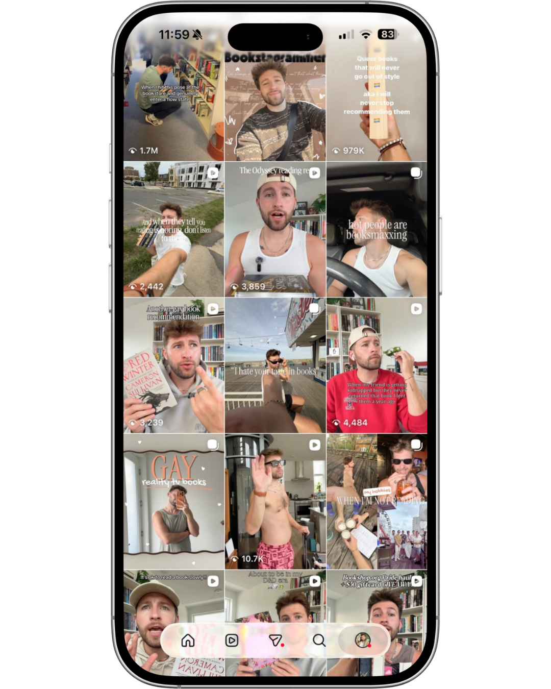 A smartphone screen displaying a grid of Brock's TikTok videos with library shelves, outdoor scenes, and candid moments in the background.