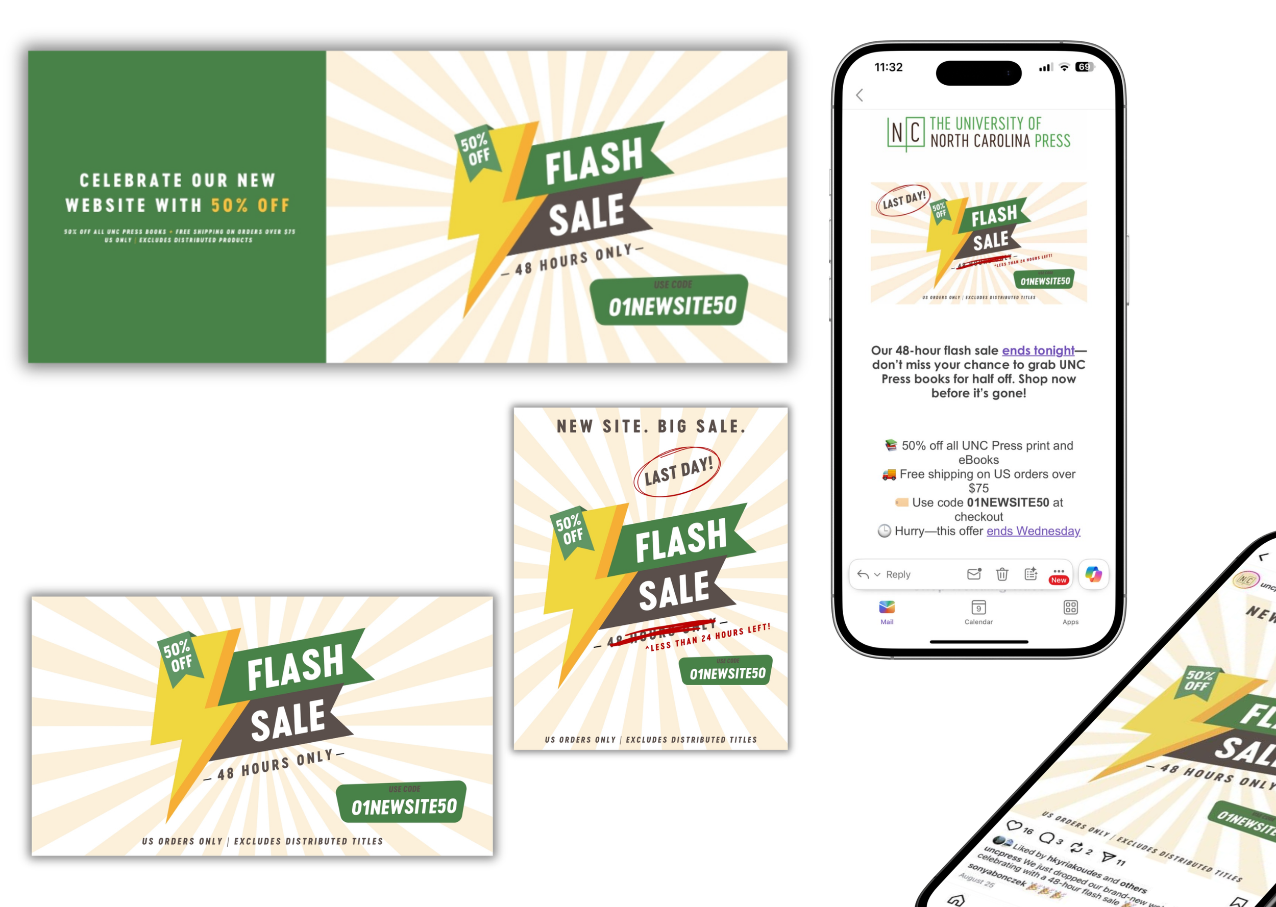 Promotional digital graphic for a flash sale offering 50% off all UNC Press books for 48 hours. The design features a lightning bolt with a green banner highlighting the discount, and text emphasizing the limited time and discount code.