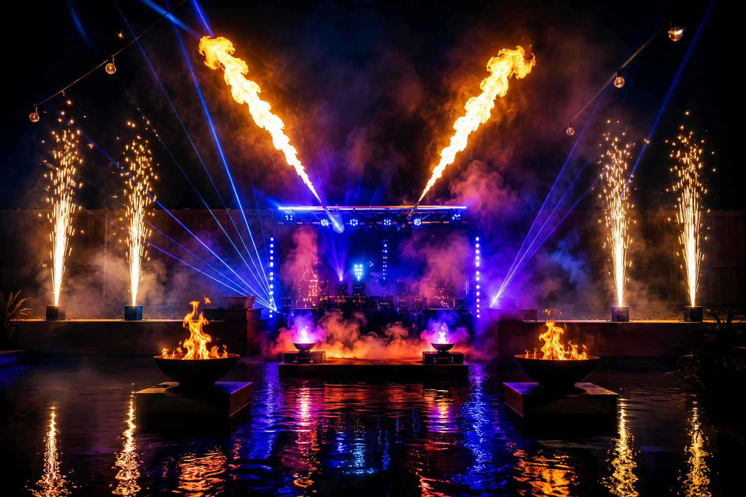 Angled flame jets, blue lasers and purple stage lighting reflected in a pool at night.