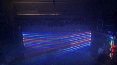 Individual lighting effects demonstrating multicolored beam fans and moving patterns.