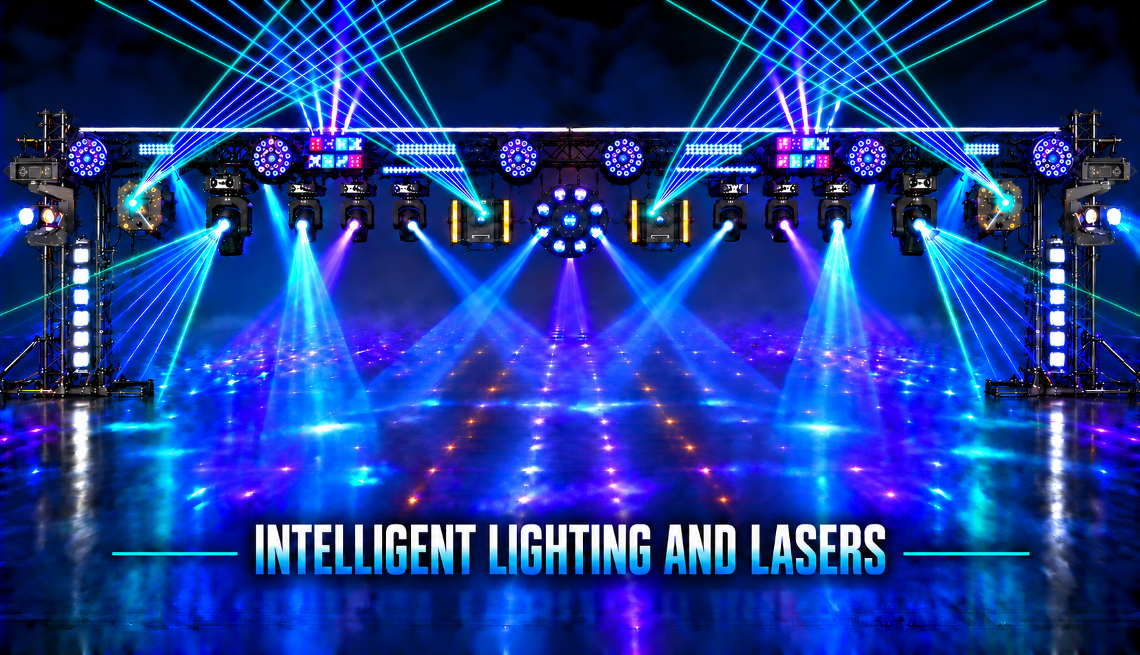 Intelligent lighting and lasers rig with crossing laser fans and colorful moving beams.