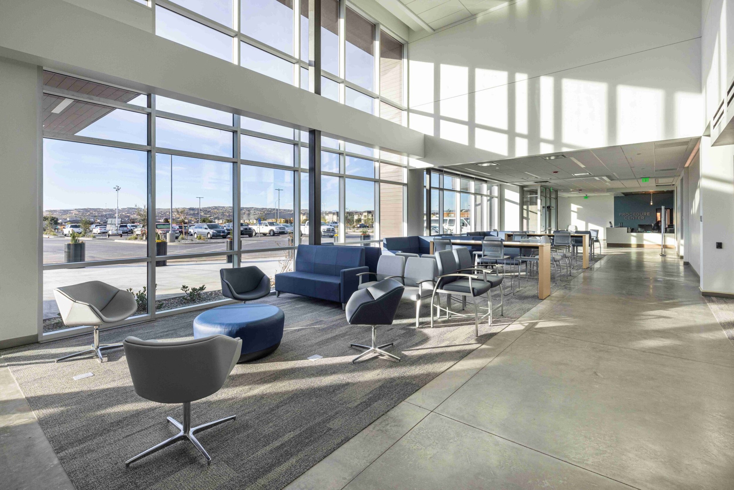 Sunlit waiting area at Southwest Spine and Pain Clinic — a Calder Richards structural engineering project