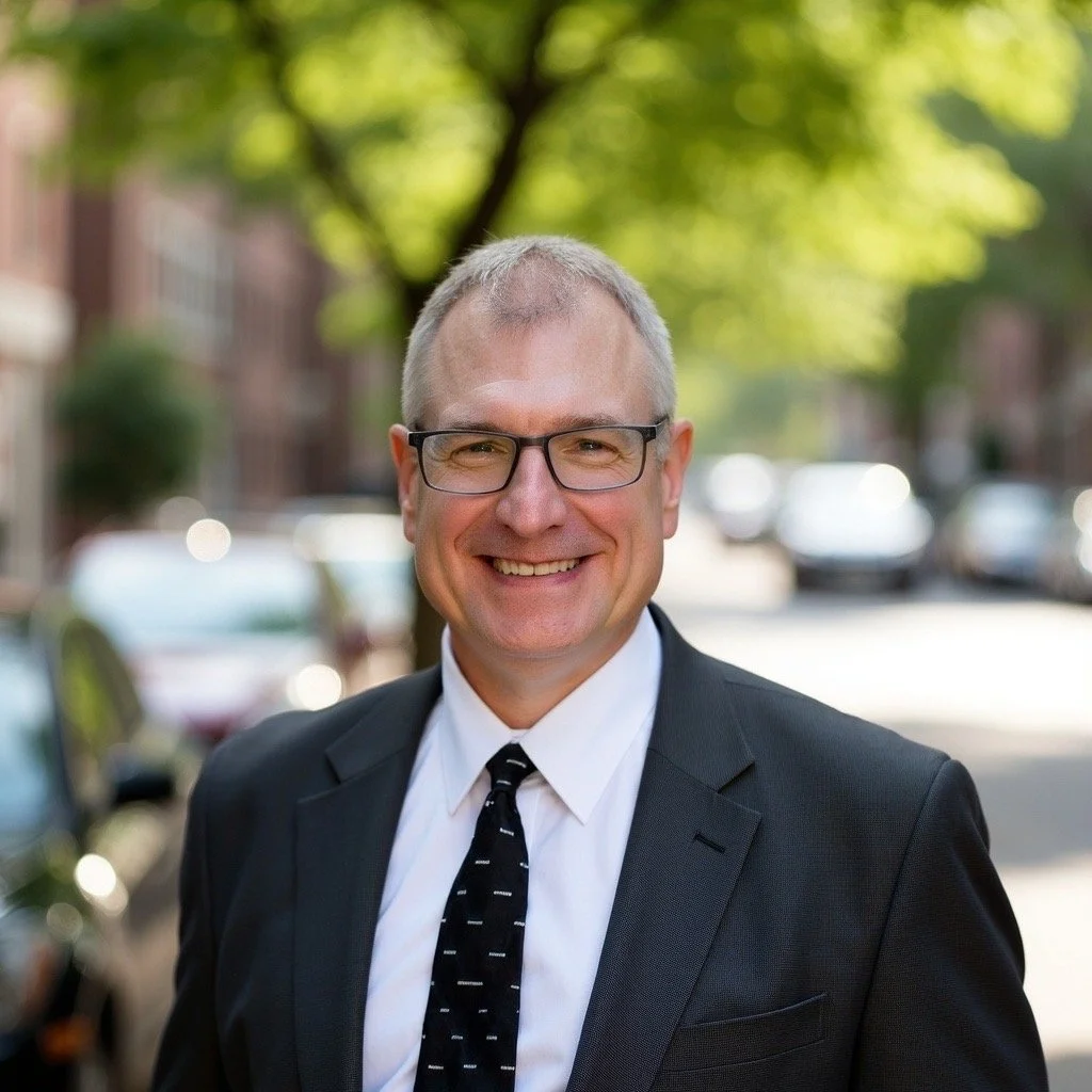 A middle-aged man with glasses, wearing a black suit, white shirt, and black tie with white stripes, smiling outdoors on a sunny day with blurred trees and parked cars in the background.