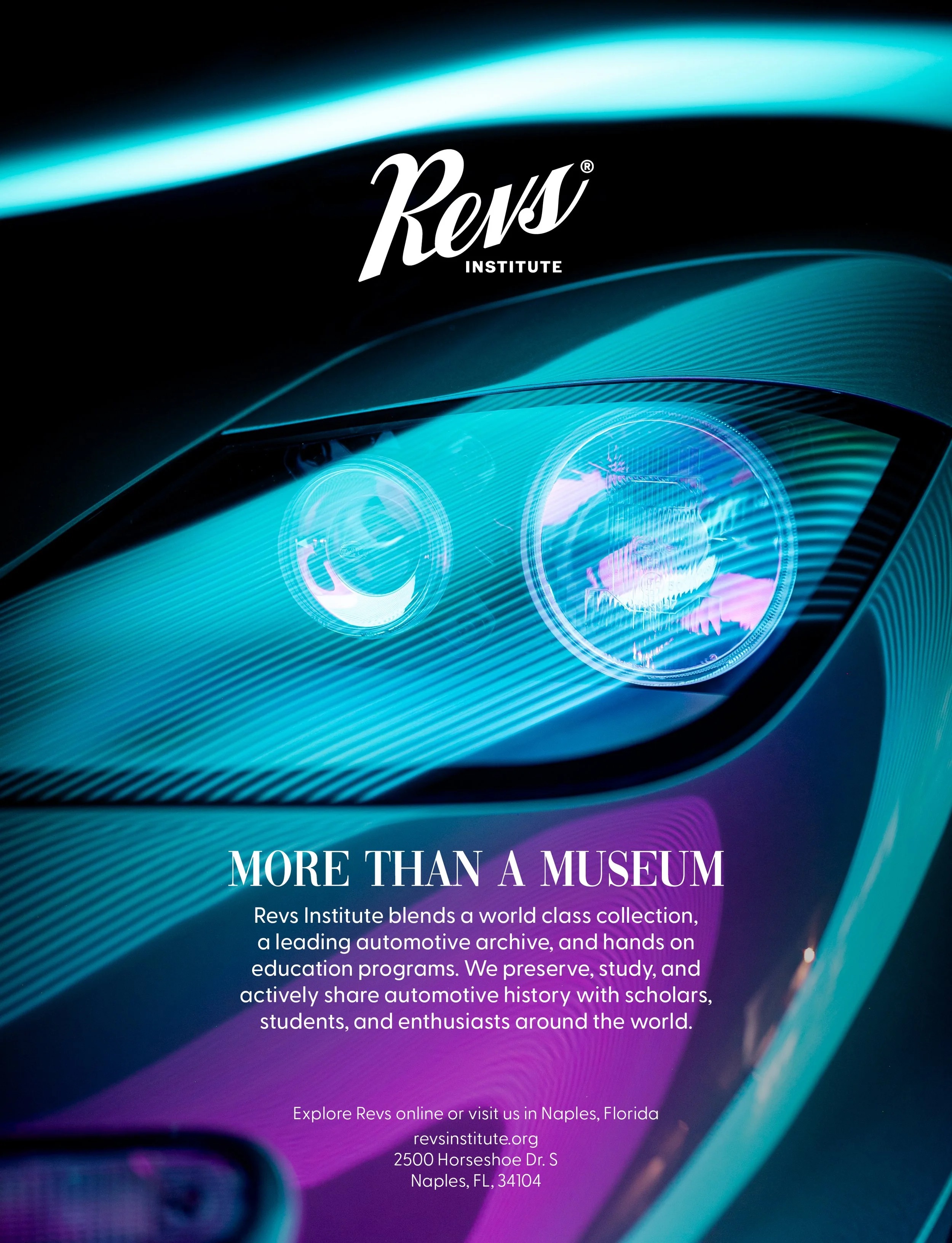 Close-up of a car headlight with blue and purple hues, overlaid with white text that reads 'MORE THAN A MUSEUM'. McLaren F1