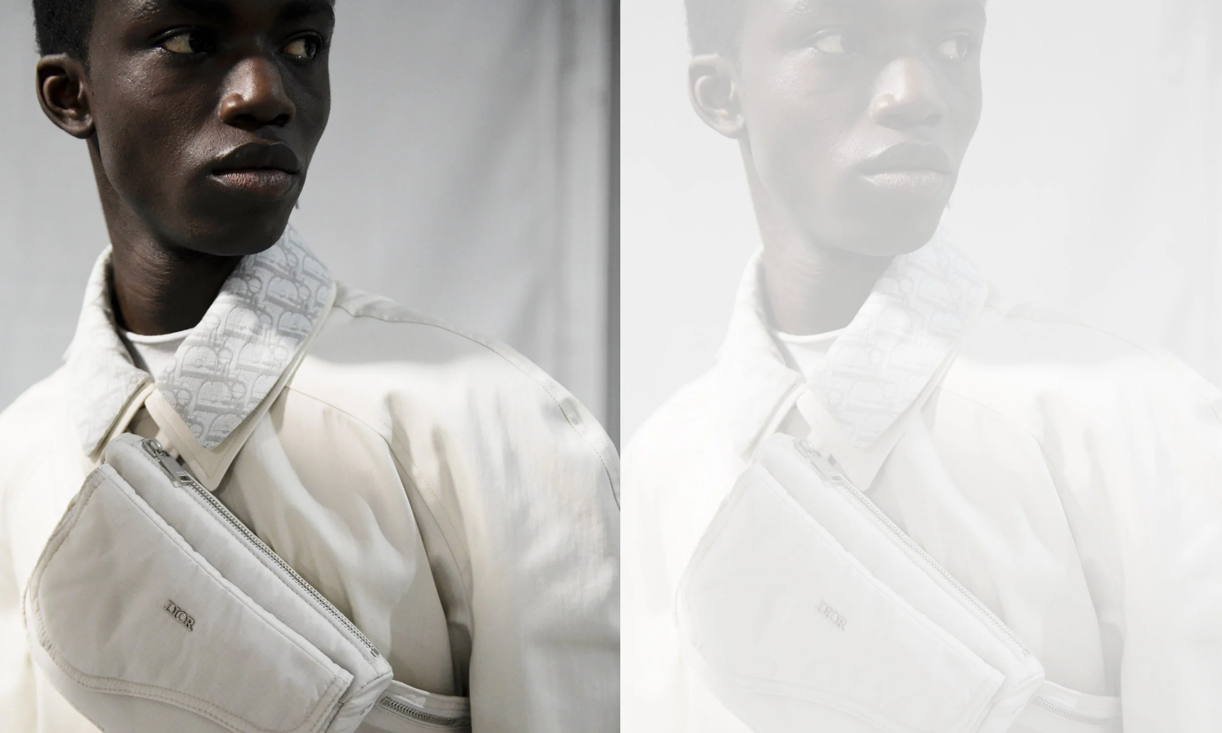 Side profile of a woman with dark skin and short black hair, wearing a white Dior jacket with a patterned collar, against a neutral background. Christian Dior.