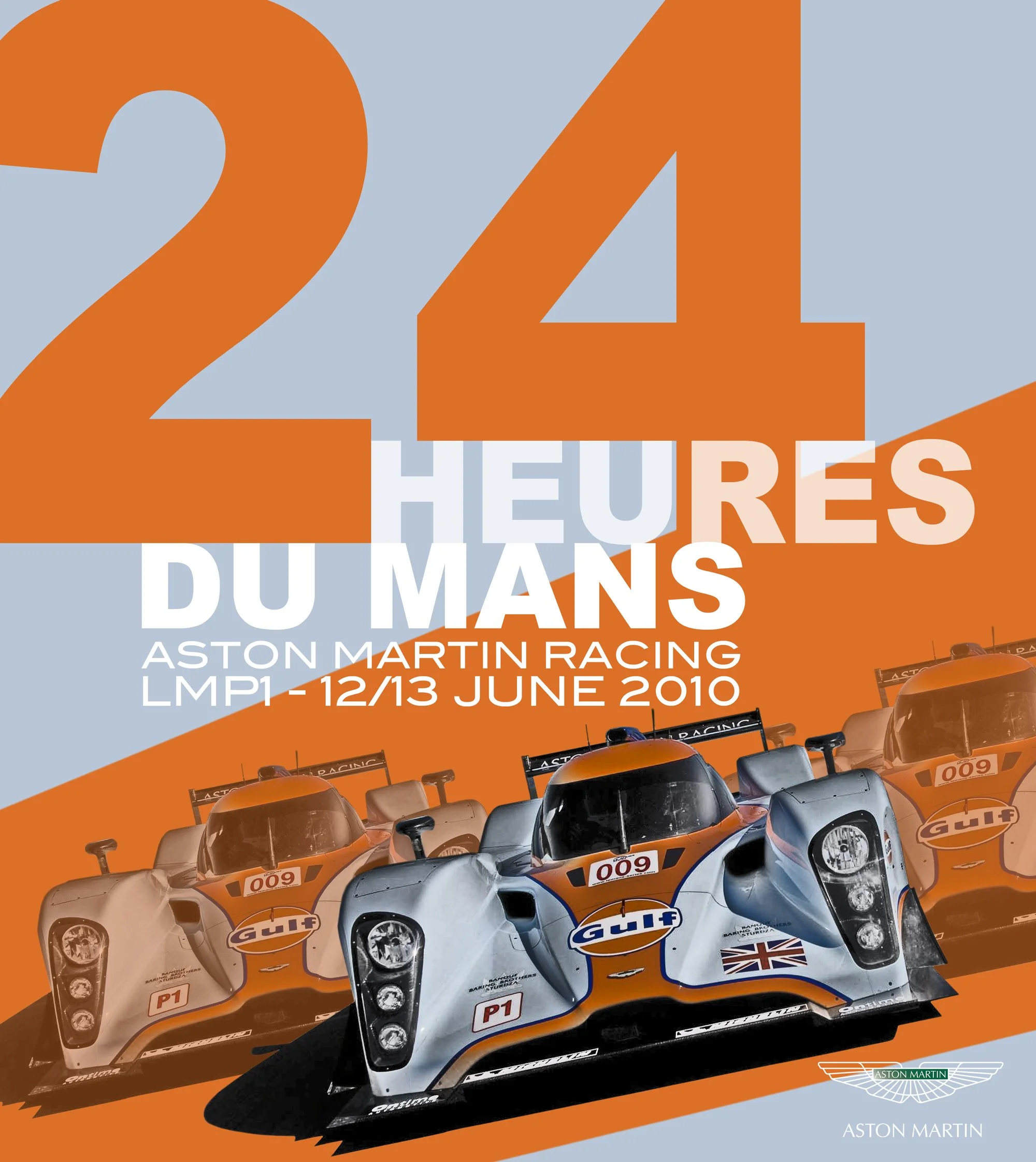 Mixed racing car posters and images of Aston Martin Formula 1 cars with the Aston Martin logo at the bottom right.