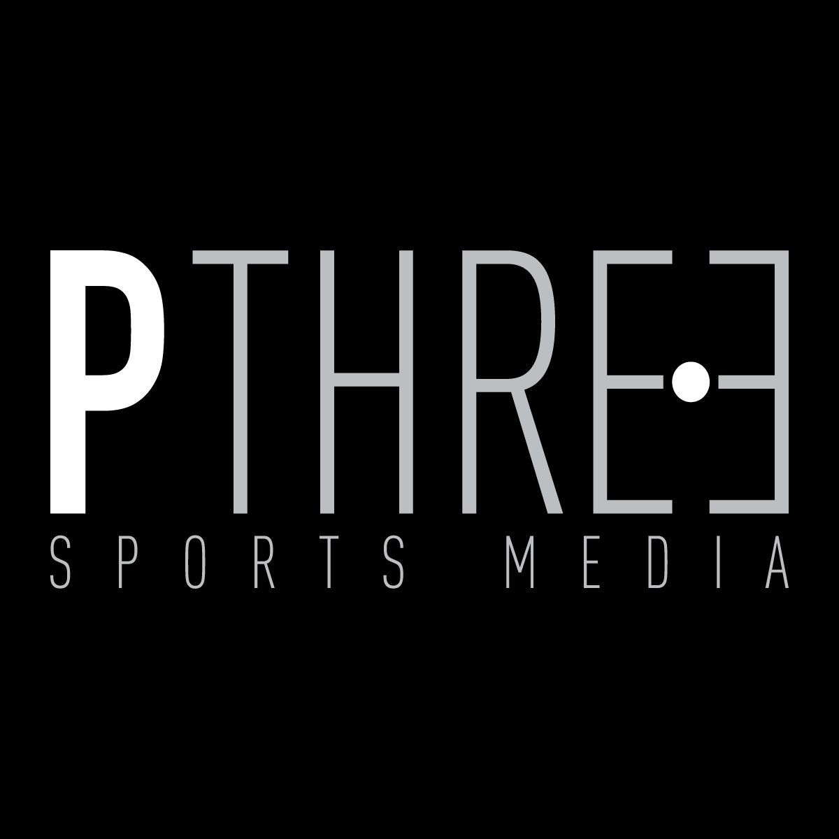 Logo for P Three Sports Media with the words PTHREE in large stylized font and 'Sports Media' in smaller font beneath, on a black background.