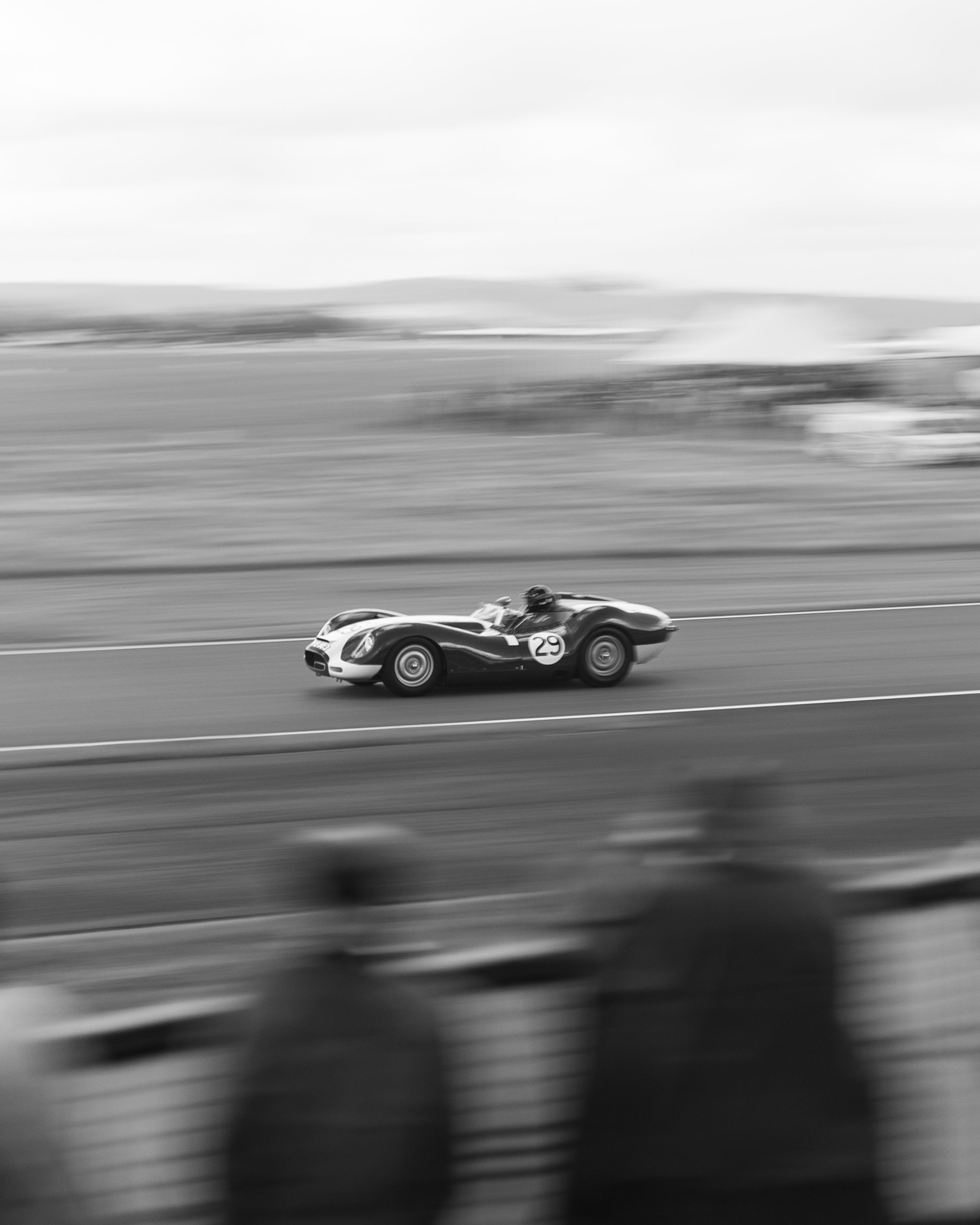 Black and white photograph capturing a vintage race car with the number 29 speeding along a racetrack, blurring the background to emphasize motion.
