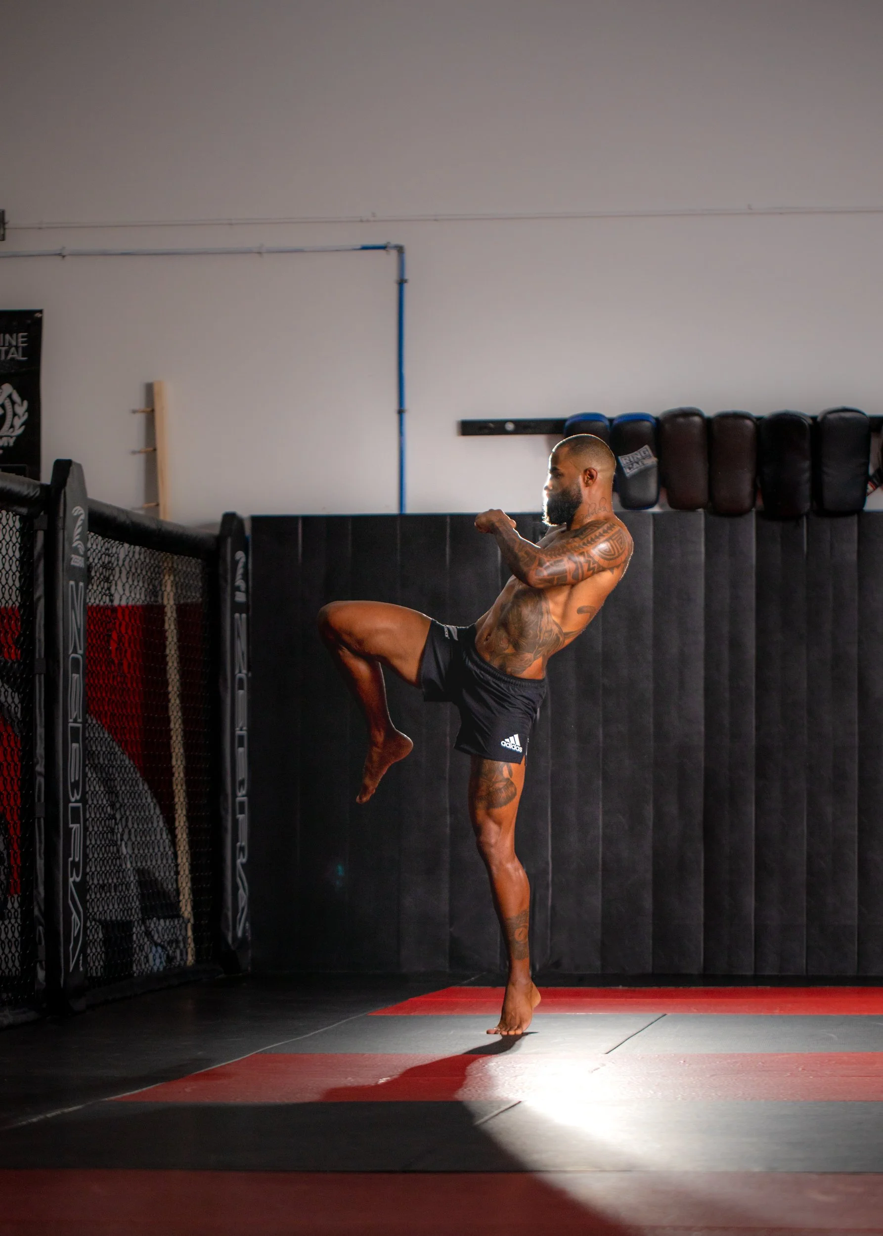 A male mixed martial artist practicing a kick in a training gym, with a padded wall, training gloves on the wall, and a black cage surrounding the mat. Cosmo Alexandre, muay thai