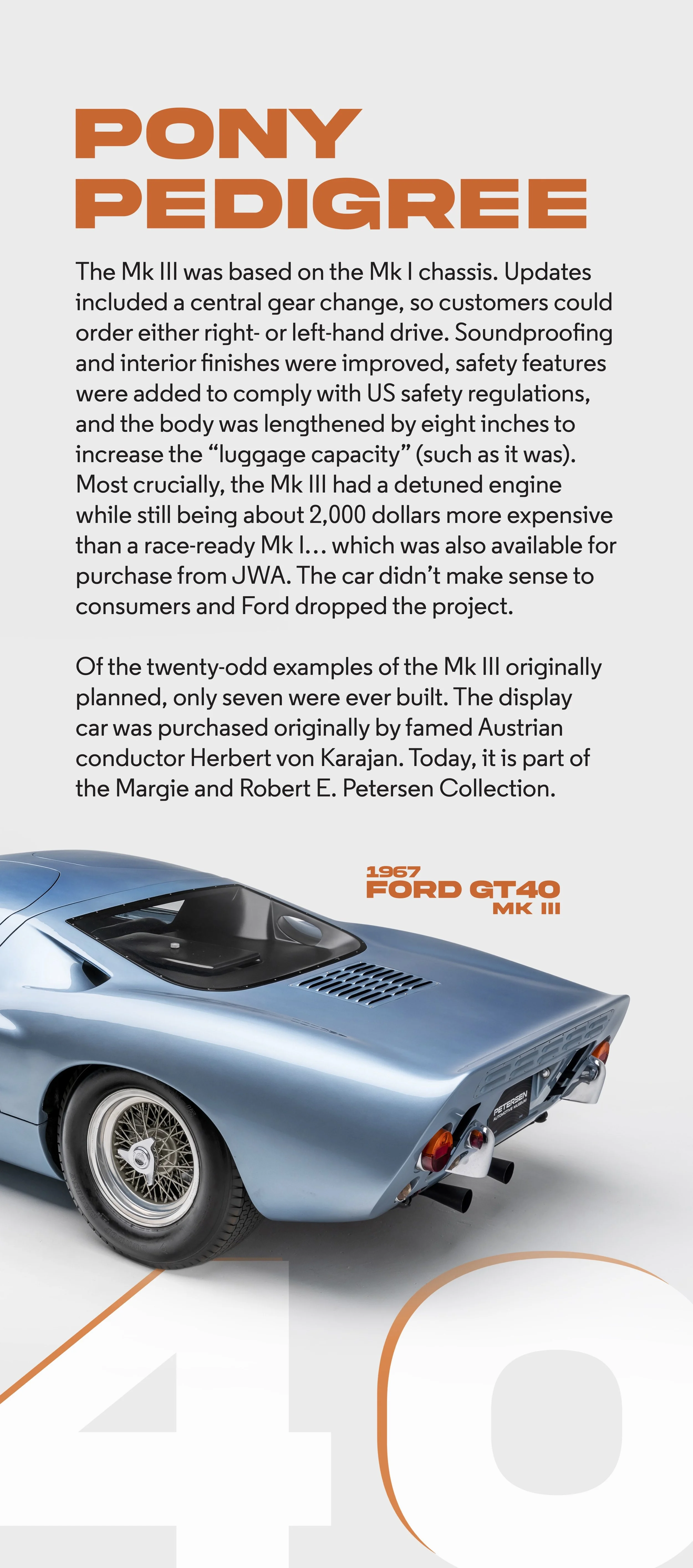 Infographic about the 1967 Ford GT40 MK III, featuring a photo of the car at the bottom and text describing its history and features. Ford GT40 Design