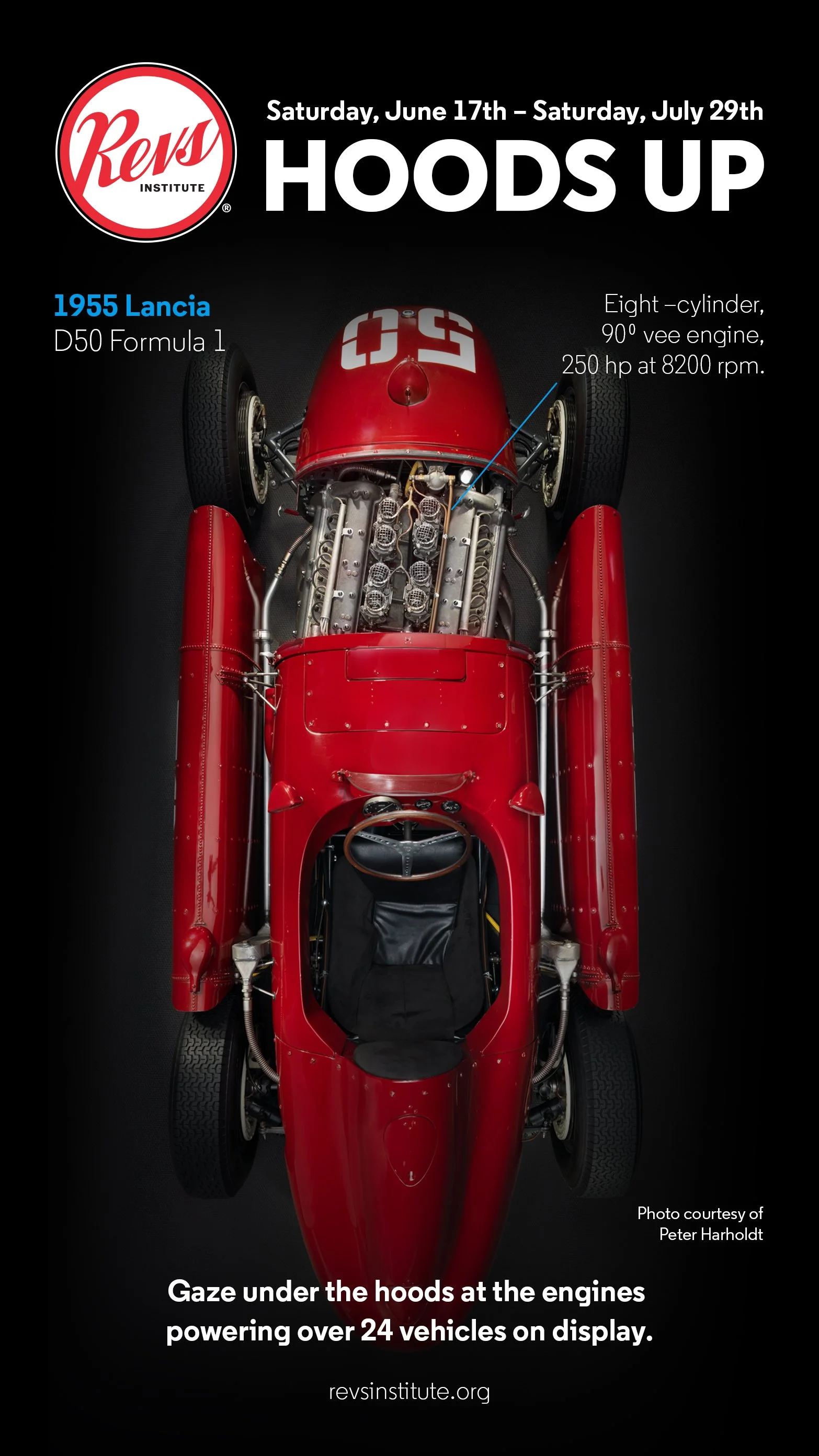 Top-down view of a vintage red race car with its hood open, showing the engine. Text reads 'Gaze under the hoods at the engines powering over 24 vehicles on display.' Details include event dates and description of the engines.