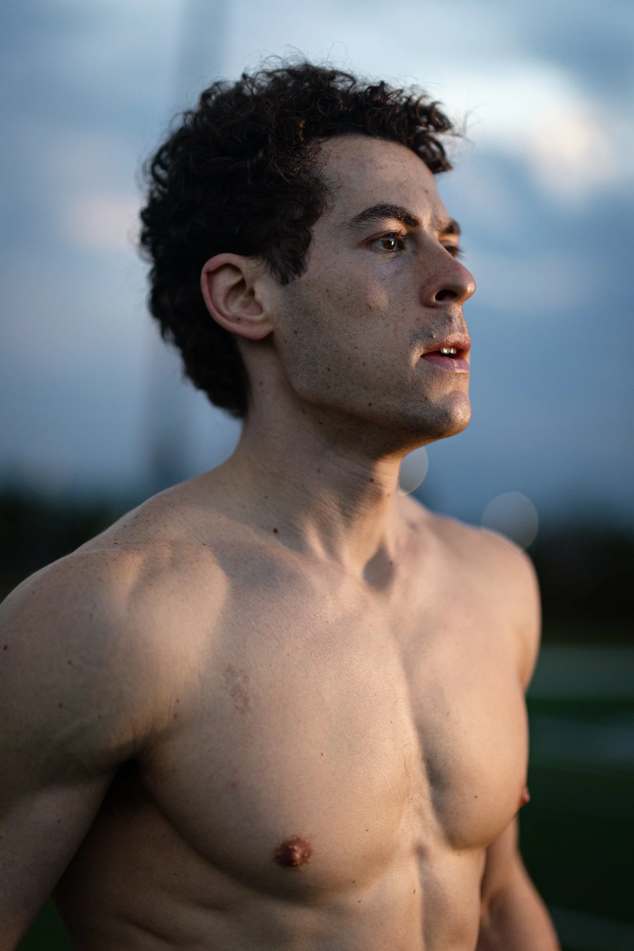 A shirtless young man with curly dark hair and light skin looking into the distance outdoors during dusk or dawn, with a blurred background of sky and landscape.