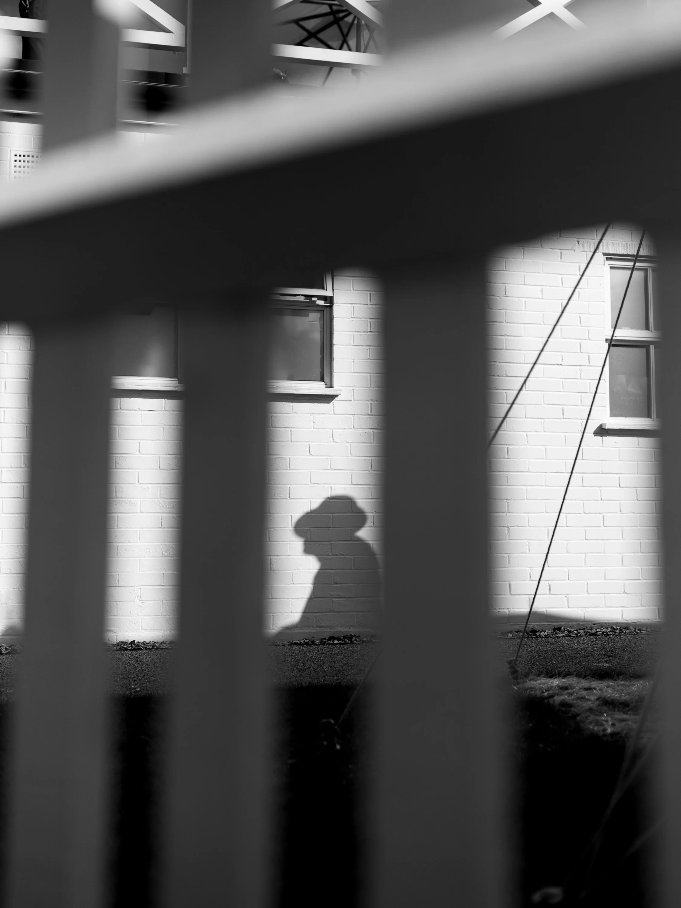 Black and white photo of a person walking past a white brick wall viewed through a fence with vertical bars, with a shadow of the person cast on the wall.