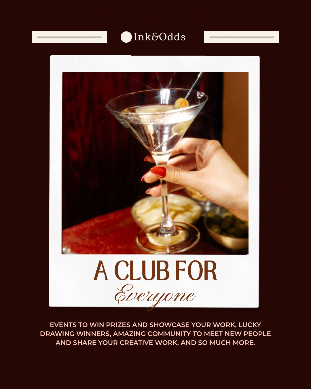 A person holding a martini glass with a clear cocktail garnished with olives and a lemon twist, on a dark background.