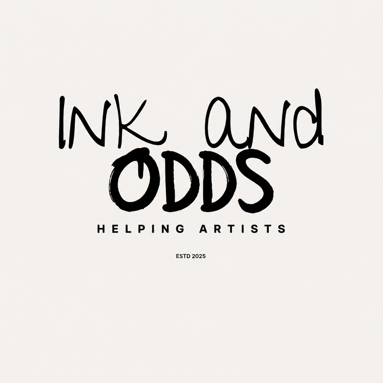 Black handwritten-style text reads 'Ink and Odds' with a subtitle 'Helping Artists' and 'ESTD 2025' on a white background.