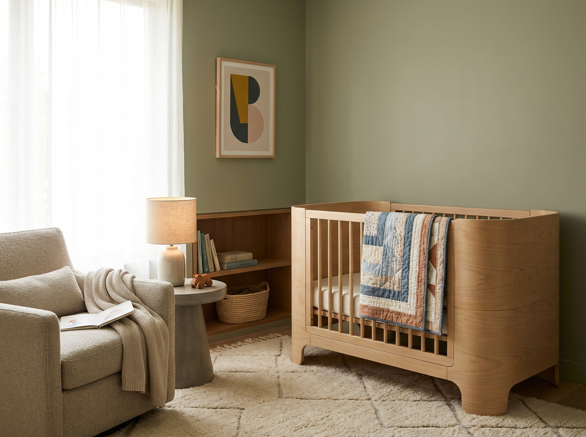 A cozy nursery corner with a beige armchair, a side table with a lamp and some books, a woven basket, and a wooden crib with a colorful quilt. Light curtains cover a window, and there's a modern abstract art piece on the green wall.
