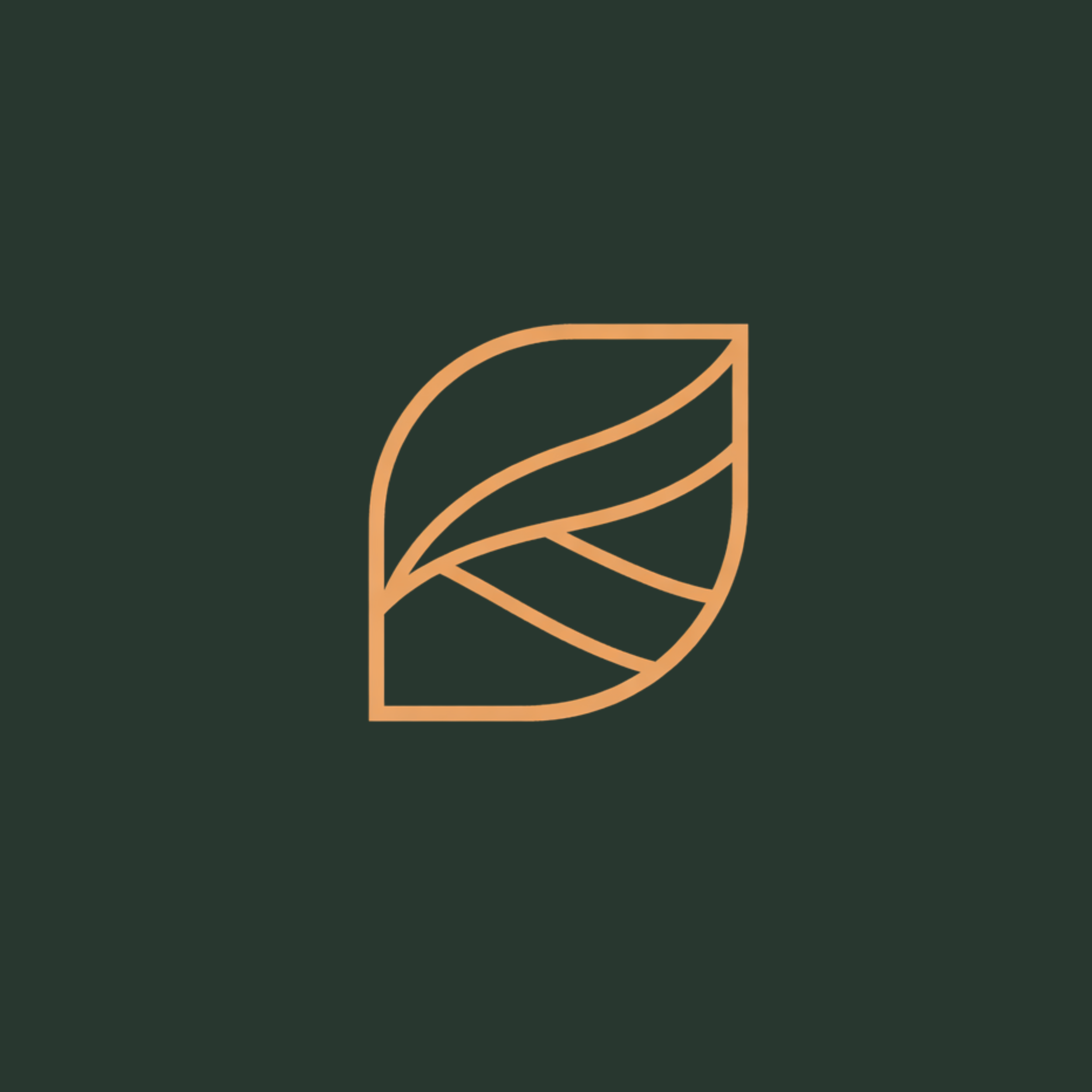 Minimalist line art of a leaf, outlined in gold, on a dark green background.