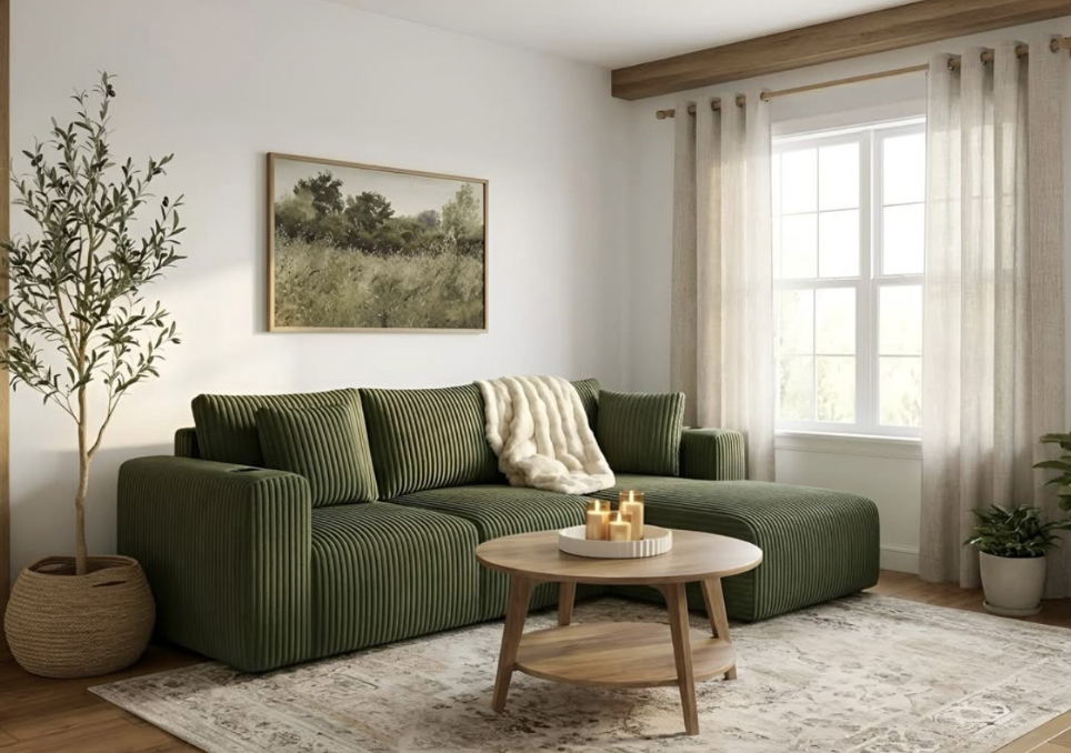 Living room with green sofa, wooden coffee table with candles, potted plant, large window with white curtains, framed landscape picture on white wall, and a beige rug.