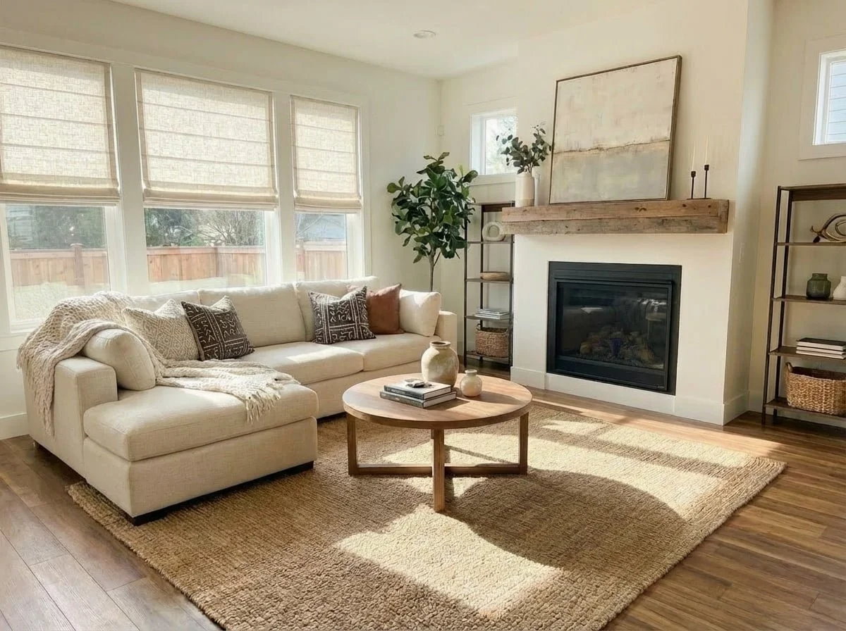 Bright living room with beige sectional sofa, throw pillows, beige blanket, wooden coffee table with books and vases, fireplace with wooden mantel, large artwork, window blinds, and shelves with decor.