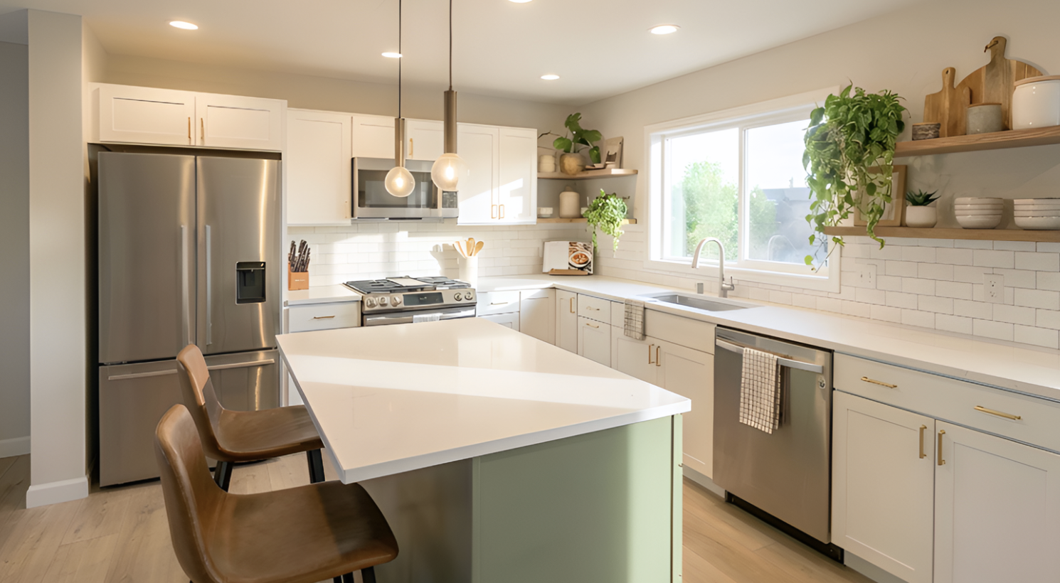 Bright modern kitchen with white cabinets, stainless steel refrigerator, stove, and dishwasher, light wood floors, open shelves with plants and dishes, large window with greenery outside, central island with two brown chairs.