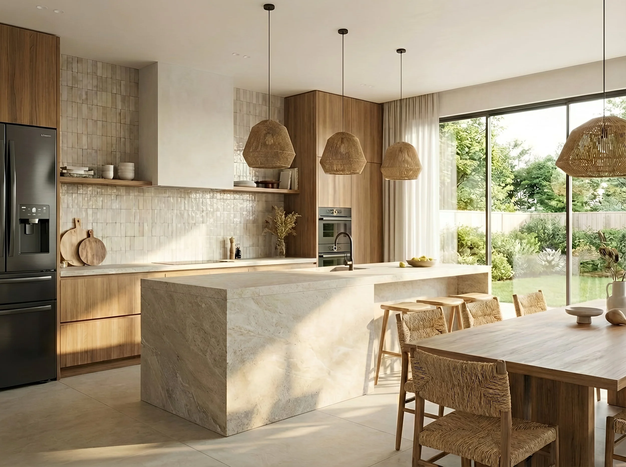 Modern kitchen with natural wood cabinets, a marble island, pendant wicker lights, and large window with a view of lush greenery.