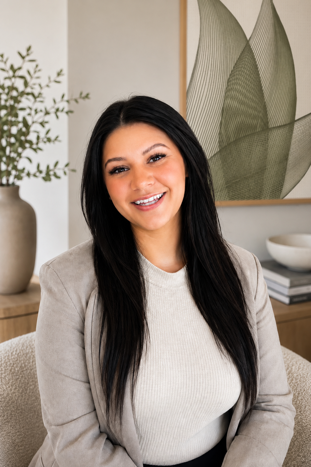 A woman with long black hair, smiling, wearing a light beige blazer and a white top, sitting in a room with modern decor including a large green leaf artwork on the wall, a potted plant, and a bowl on a side table.
