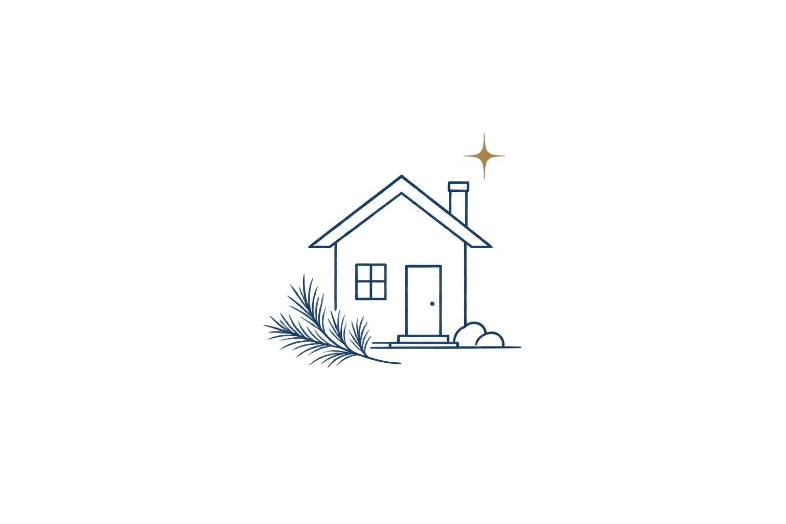 A digital illustration of a house with a blue exterior, white window, white door, and a chimney, surrounded by grass and bushes, with a night sky background.