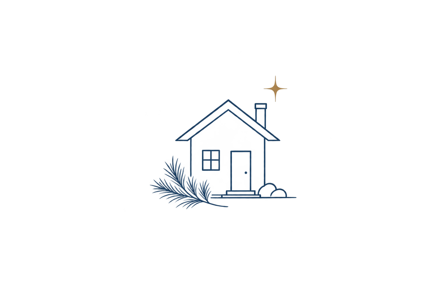 A digital illustration of a house with a blue exterior, white window, white door, and a chimney, surrounded by grass and bushes, with a night sky background.