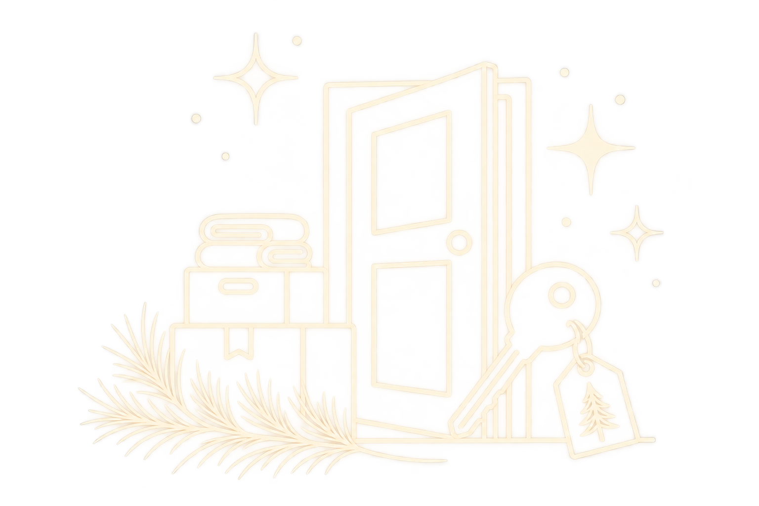 A glowing line art illustration of a door with a round handle, a bundle of books on a box, a potted plant, a key with a pine tree tag, and decorative stars around it.