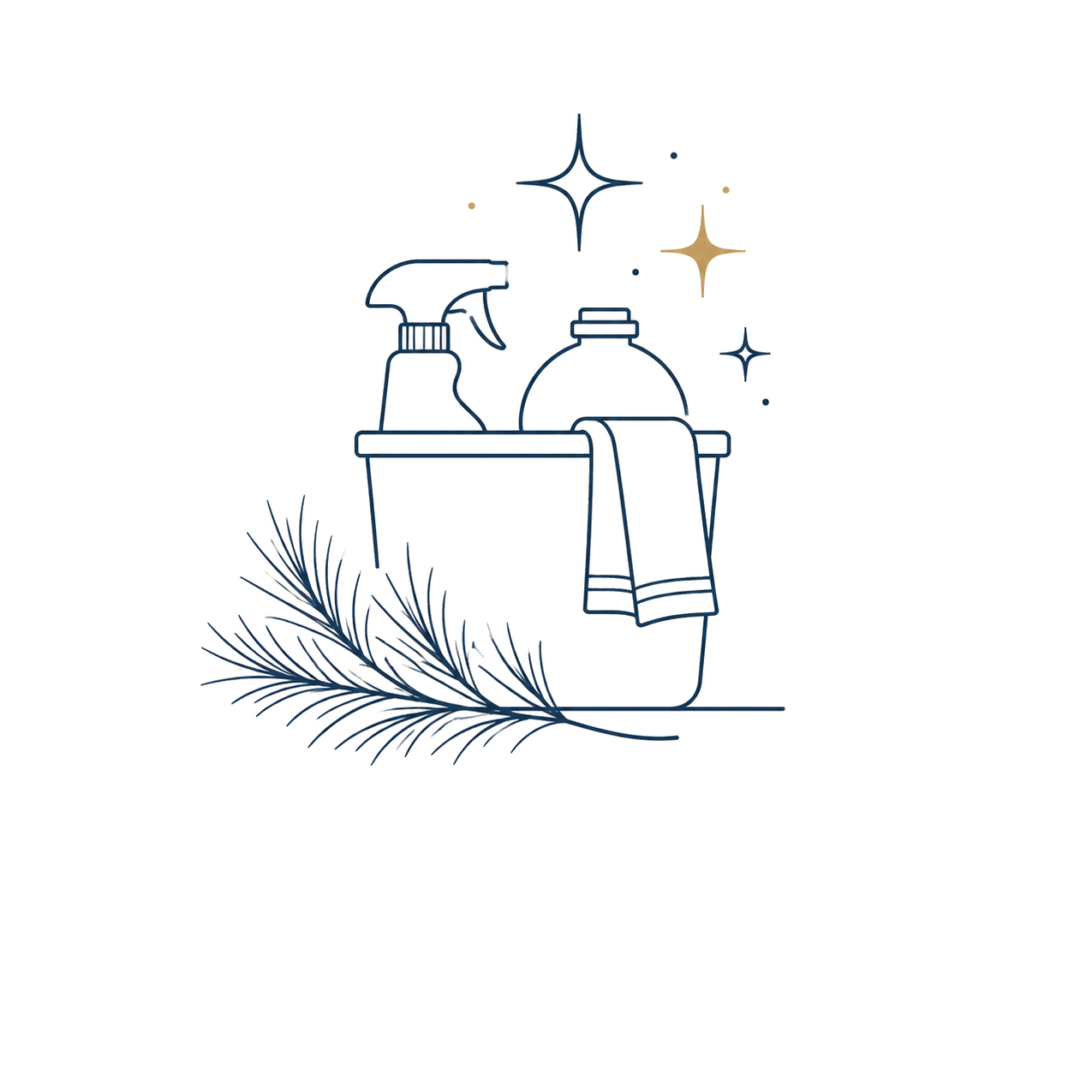 Sketch of cleaning supplies on a table with a towel, surrounded by decorative stars and a sprig of pine.