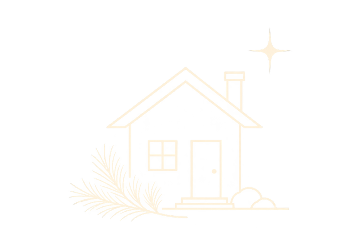 A line drawing of a house with a tree and bushes in the front yard.