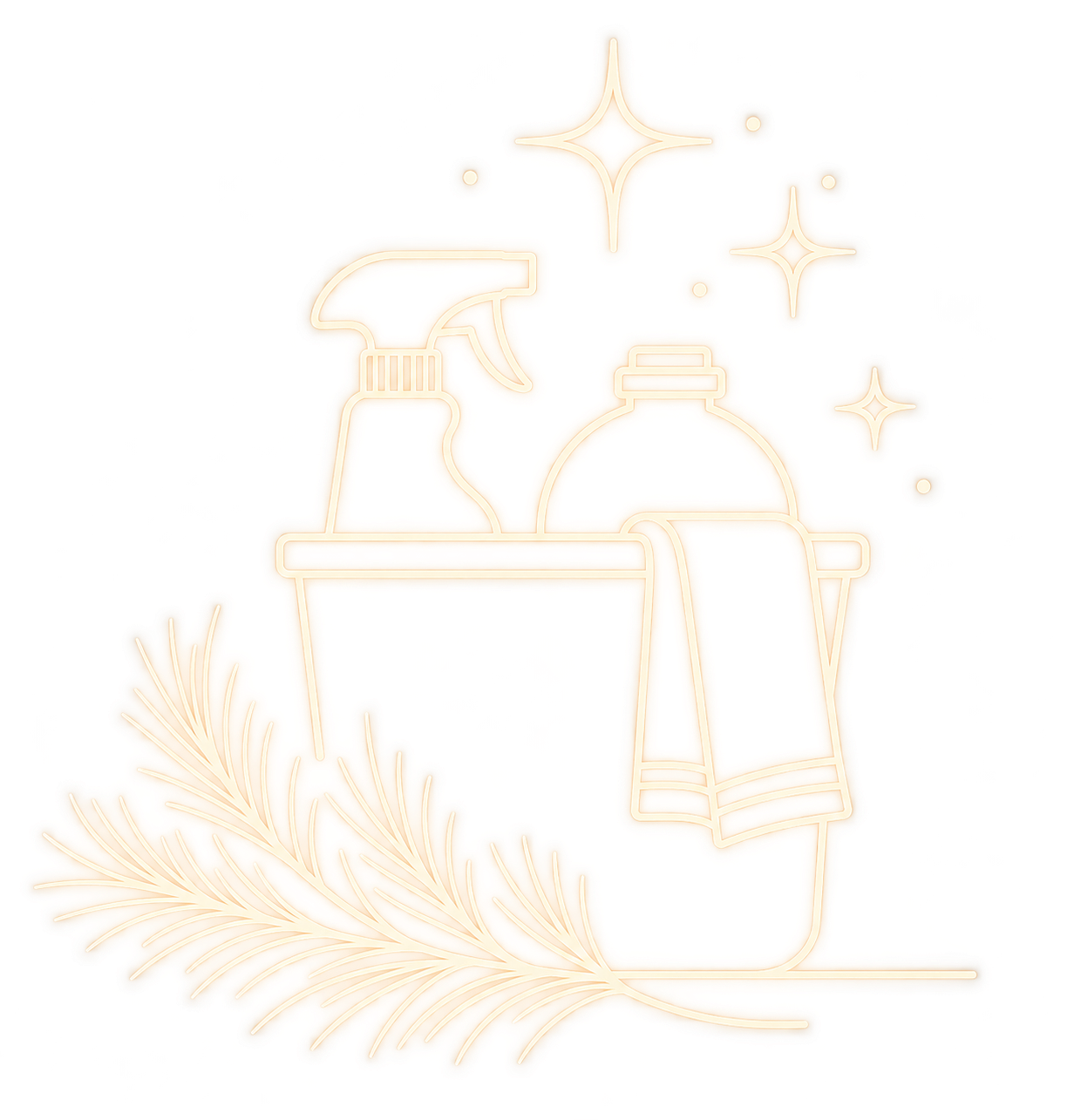 A decorative illustration of cleaning supplies including a spray bottle, detergent bottle, a bottle with a pump, a spray nozzle, a cleaning cloth, and shiny sparkles.