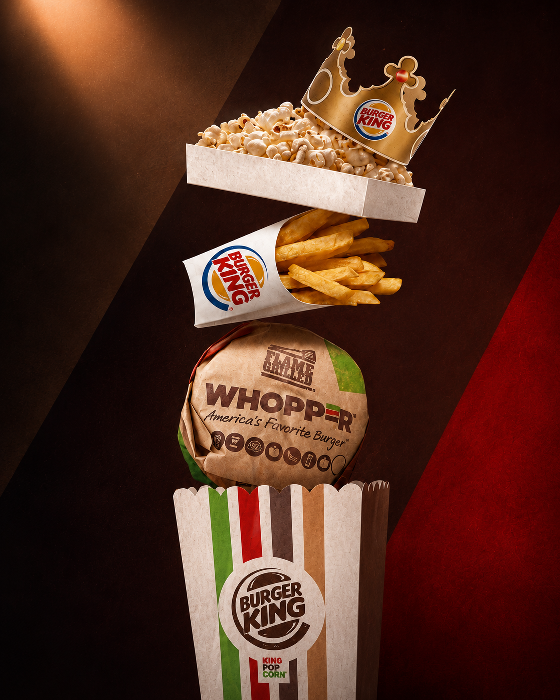 Burger King fries, popcorn, burger wrapped in paper, all held together with a vertical white cup with green, red, black, and brown stripes, on a black to red gradient background.