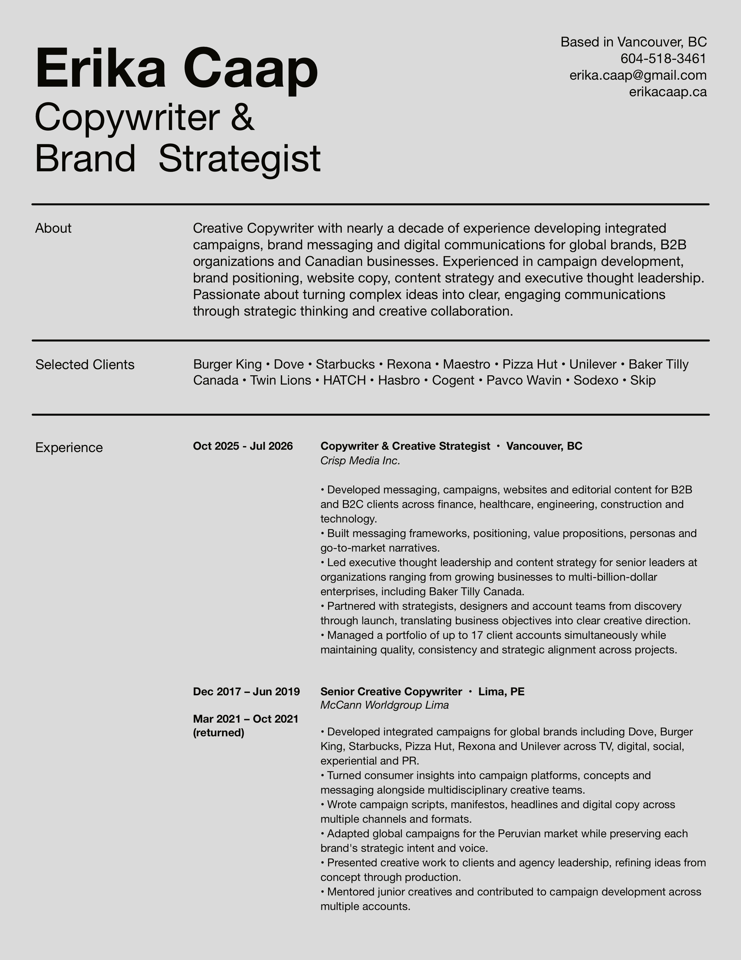 A professional resume or CV with sections including Name, Contact Information, About, Selected Clients, Experience, and additional details about work history and skills for Erika Caap, a copywriter and brand strategist based in Vancouver, BC, listed with various clients and employment periods.