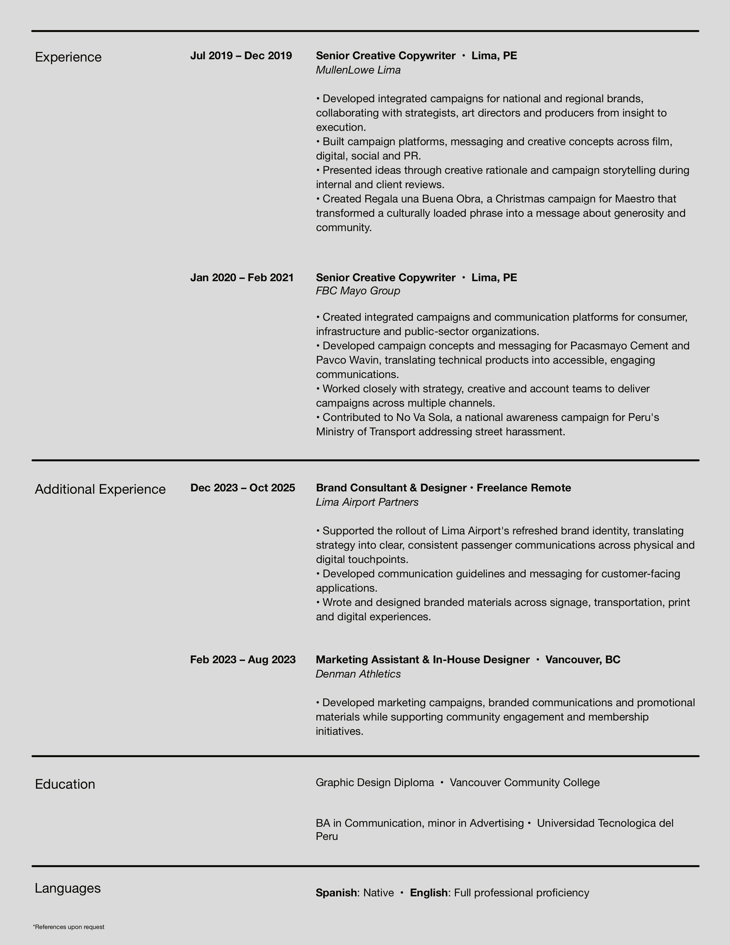 Redacted resume showcasing professional experience in marketing and design, educational background, and language proficiency, with a gray background, black text, and section headers separated by black lines.
