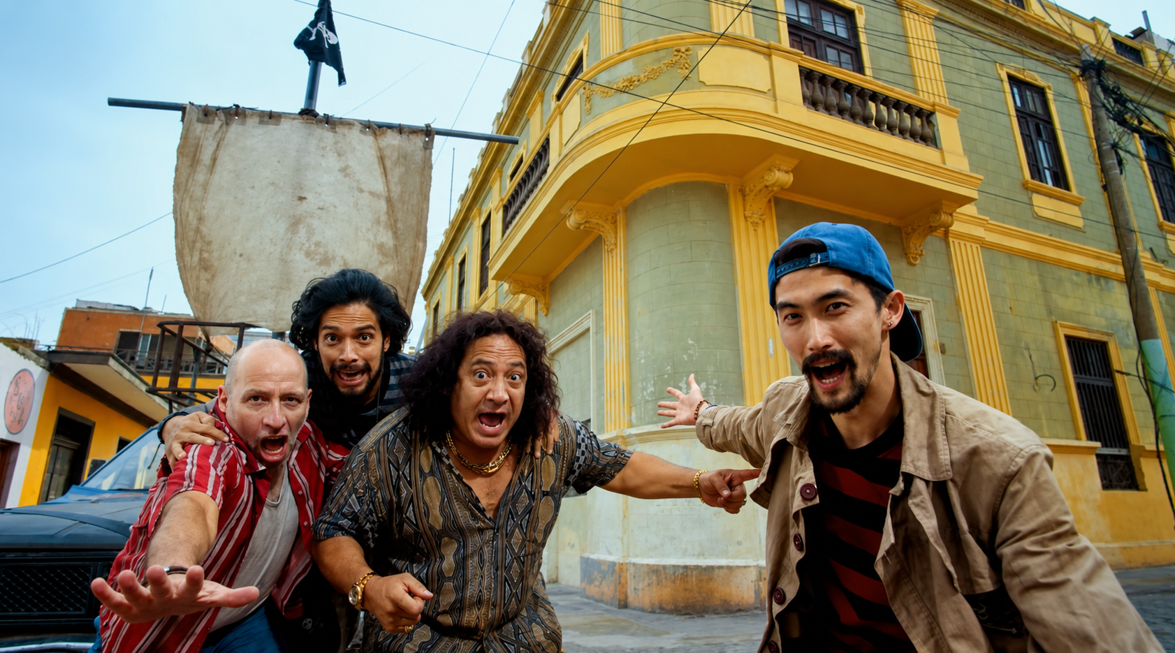 Four men standing in front of a colorful building with one man pointing towards it, appearing excited or surprised.
