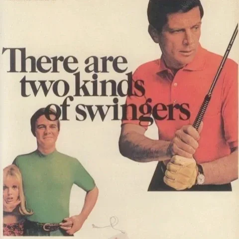 Cover of a book titled 'There are two kinds of swingers' showing a man in a red shirt holding a golf club and another person in a green shirt with a woman and a young girl.