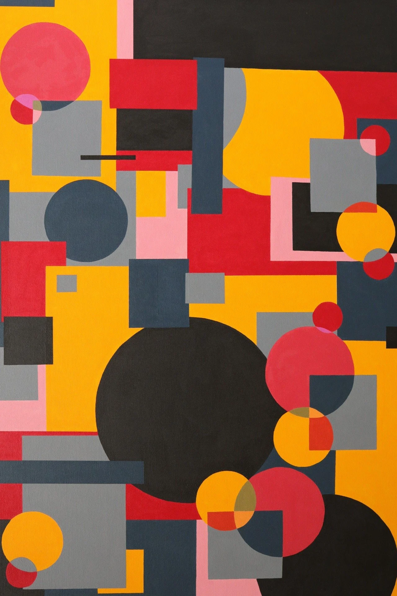 A colorful abstract geometric artwork with various overlapping circles, squares, and rectangles in red, yellow, black, pink, and gray.