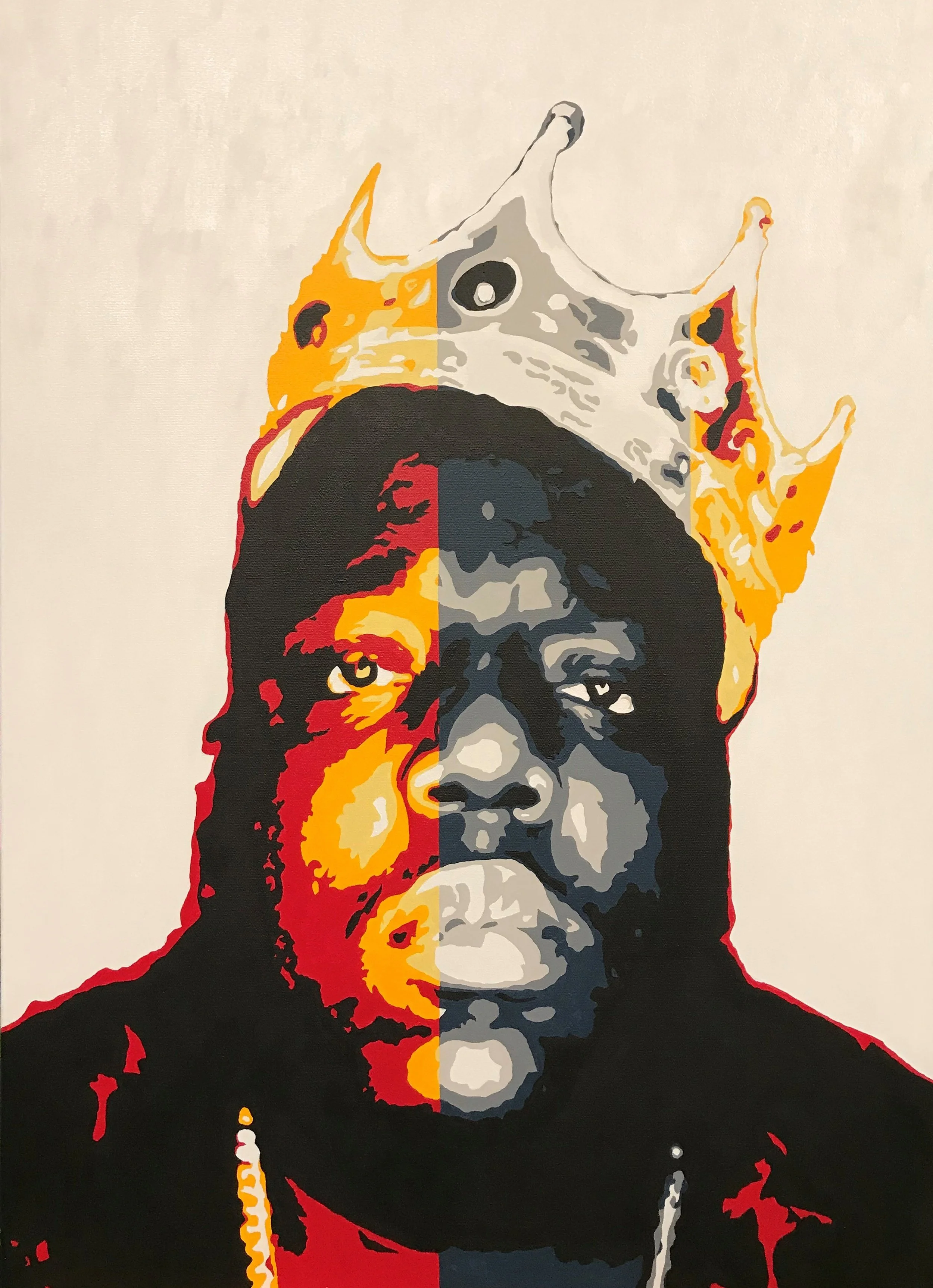 A digital art portrait of a person created in a pop art style, with half of their face in black and gray tones and the other half in vibrant red, yellow, and orange hues, featuring abstract and stylized features.