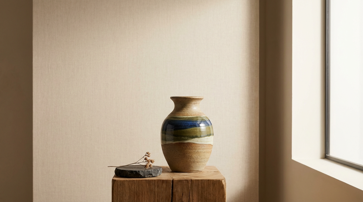 A ceramic vase with blue, green, and cream-colored glaze on a wooden surface near a window, with a small dried flower on a black stone beside it.