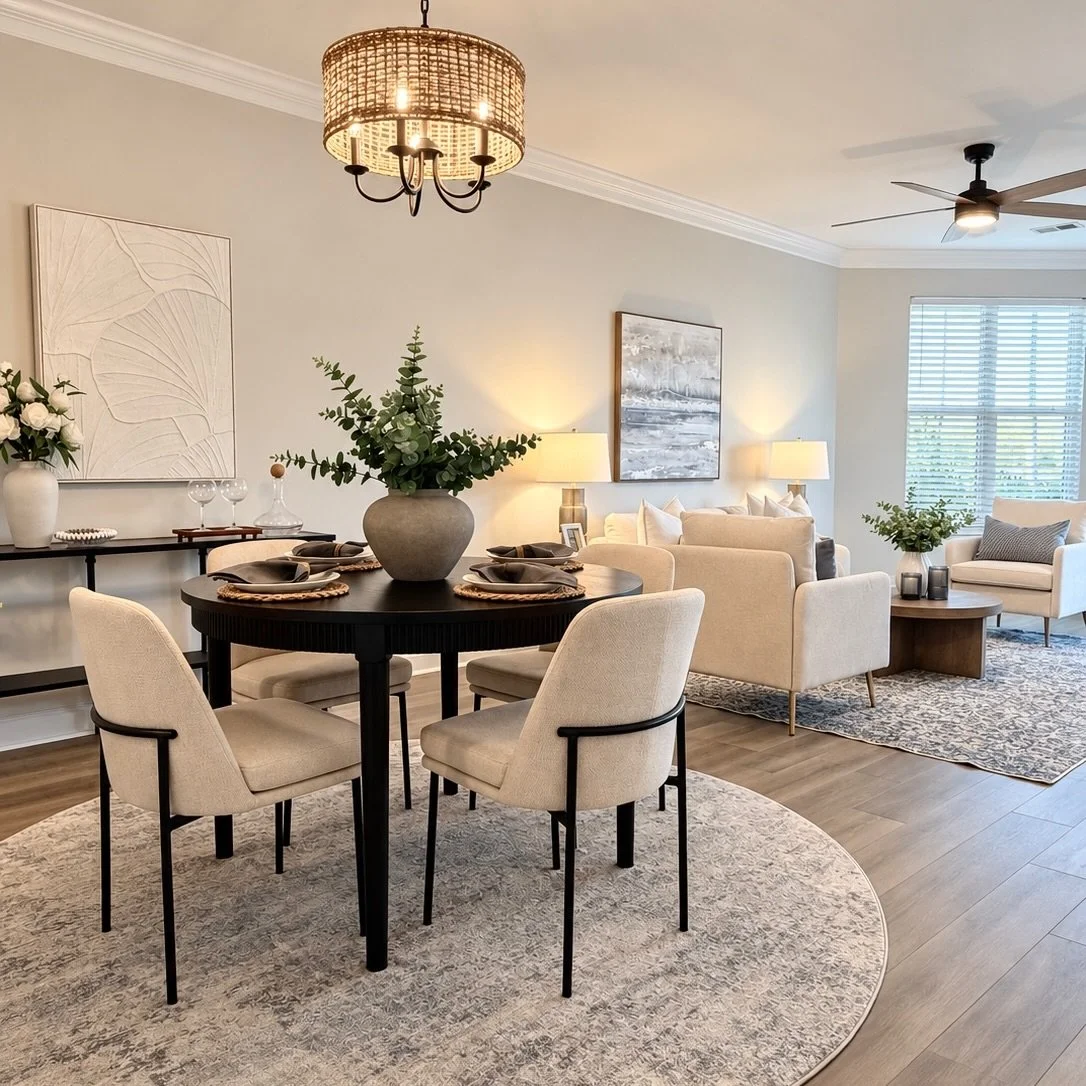 A lakefront setting this good deserves an interior that lets the view do the talking✨

For this waterfront condo, we kept the color palette warm and neutral while using our furnishings to create definition throughout the open floor plan. Each space w