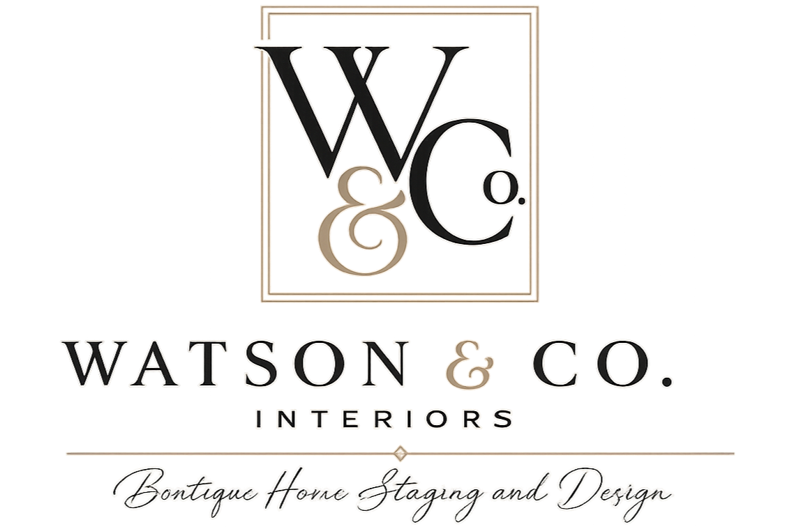 Logo for Watson & Co. Interiors, featuring stylized text and design elements, with the tagline "Bontigue Home Staging and Design" implied at the bottom.
