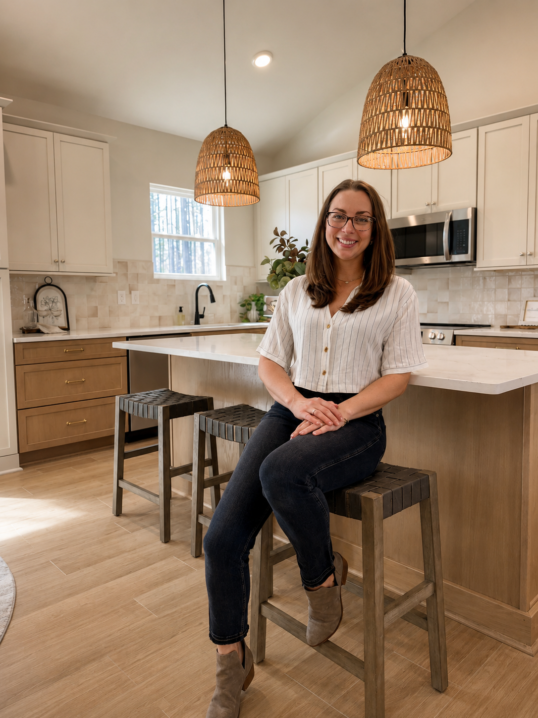 A woman smiling and sitting on a wooden stool in a modern kitchen with white cabinets, a white marble countertop, and pendant lights.