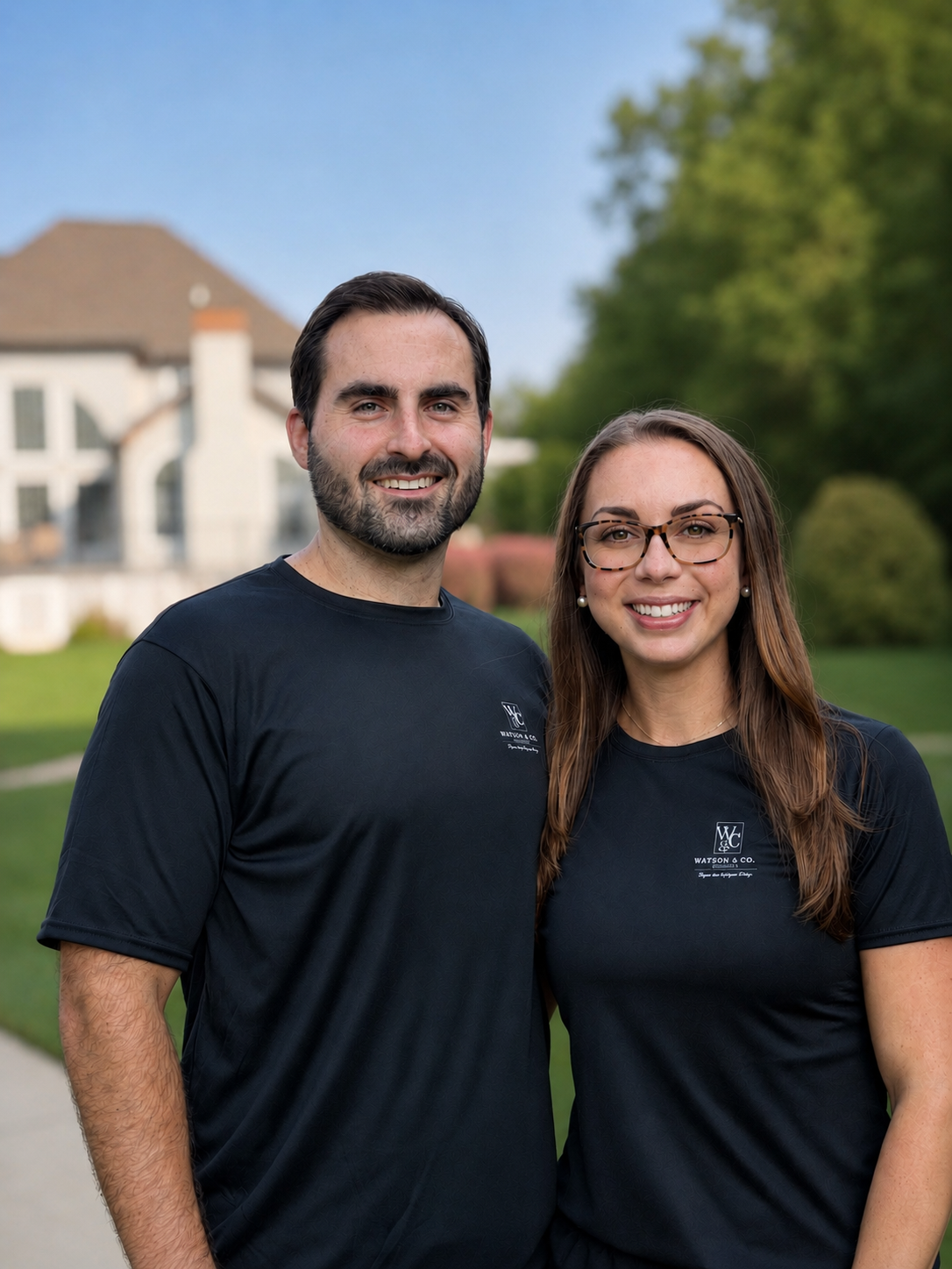 Smiling man and woman standing outdoors on a sunny day, both wearing black shirts with a logo, a large house, trees, and a blue sky in the background.