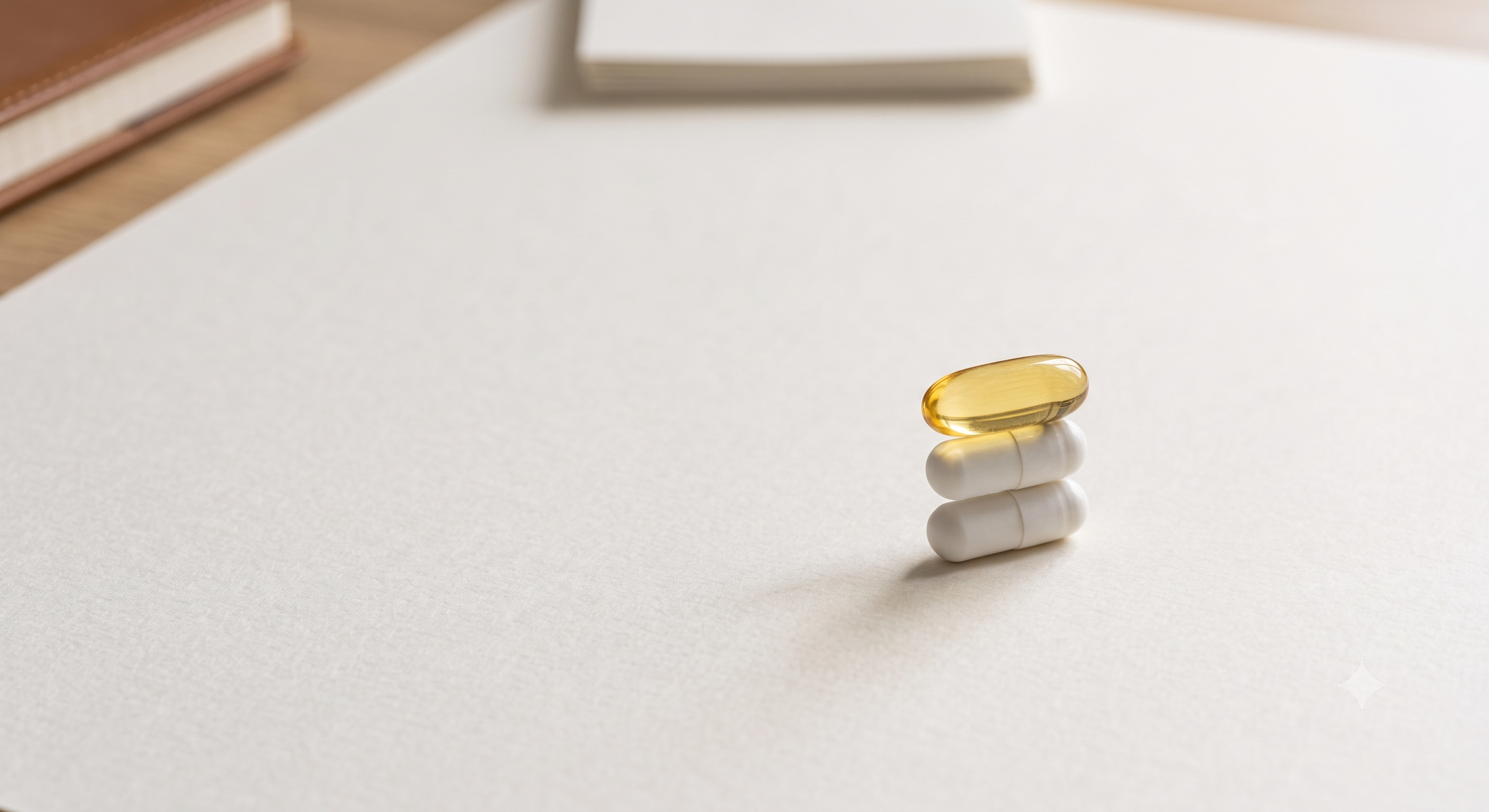 Stack of four capsules, with the top capsule being yellow and the three below being white, on a white surface with a blurred background.